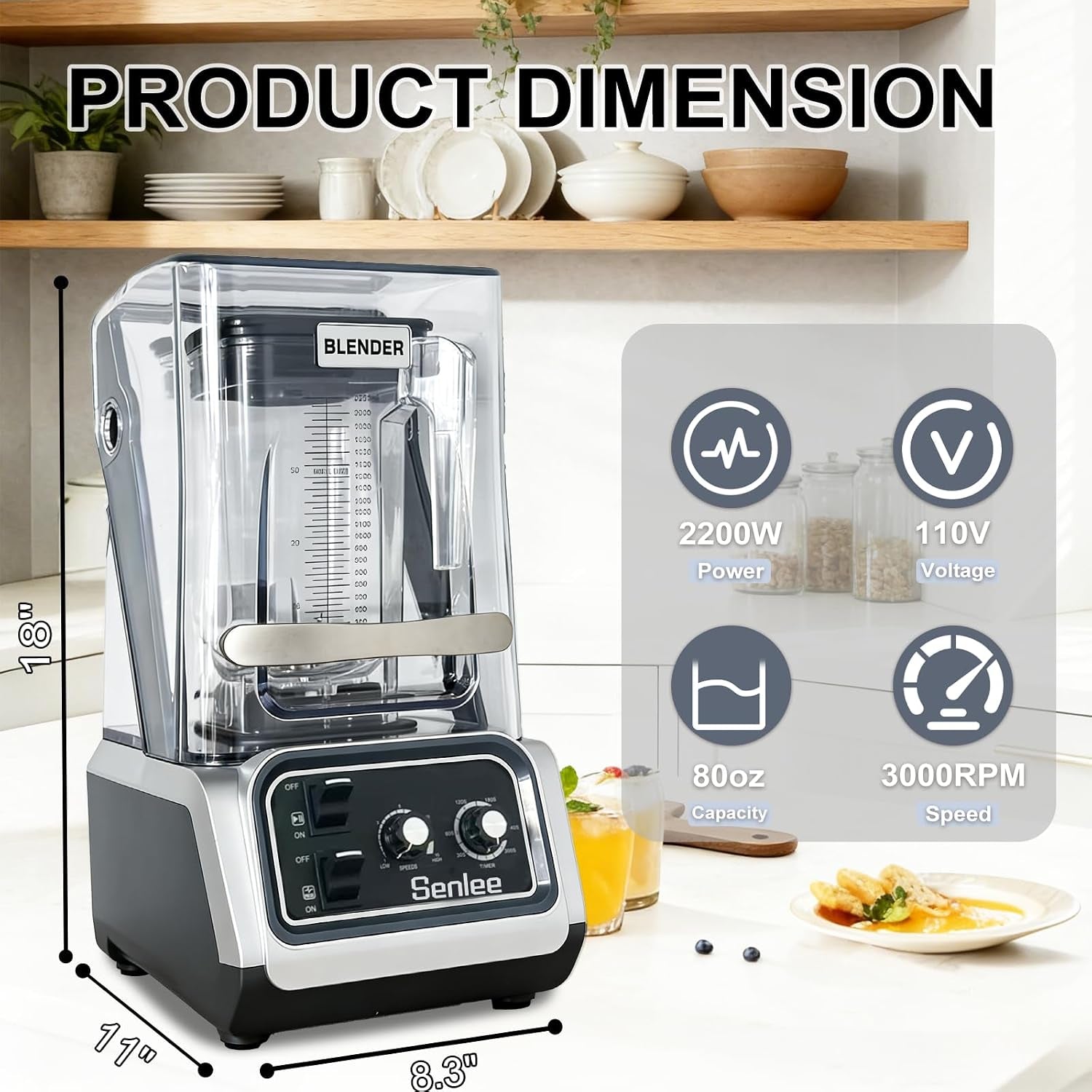 2200W Commercial Blender Quiet Shield Self-Cleaning Ice Crush 80Oz Pitcher