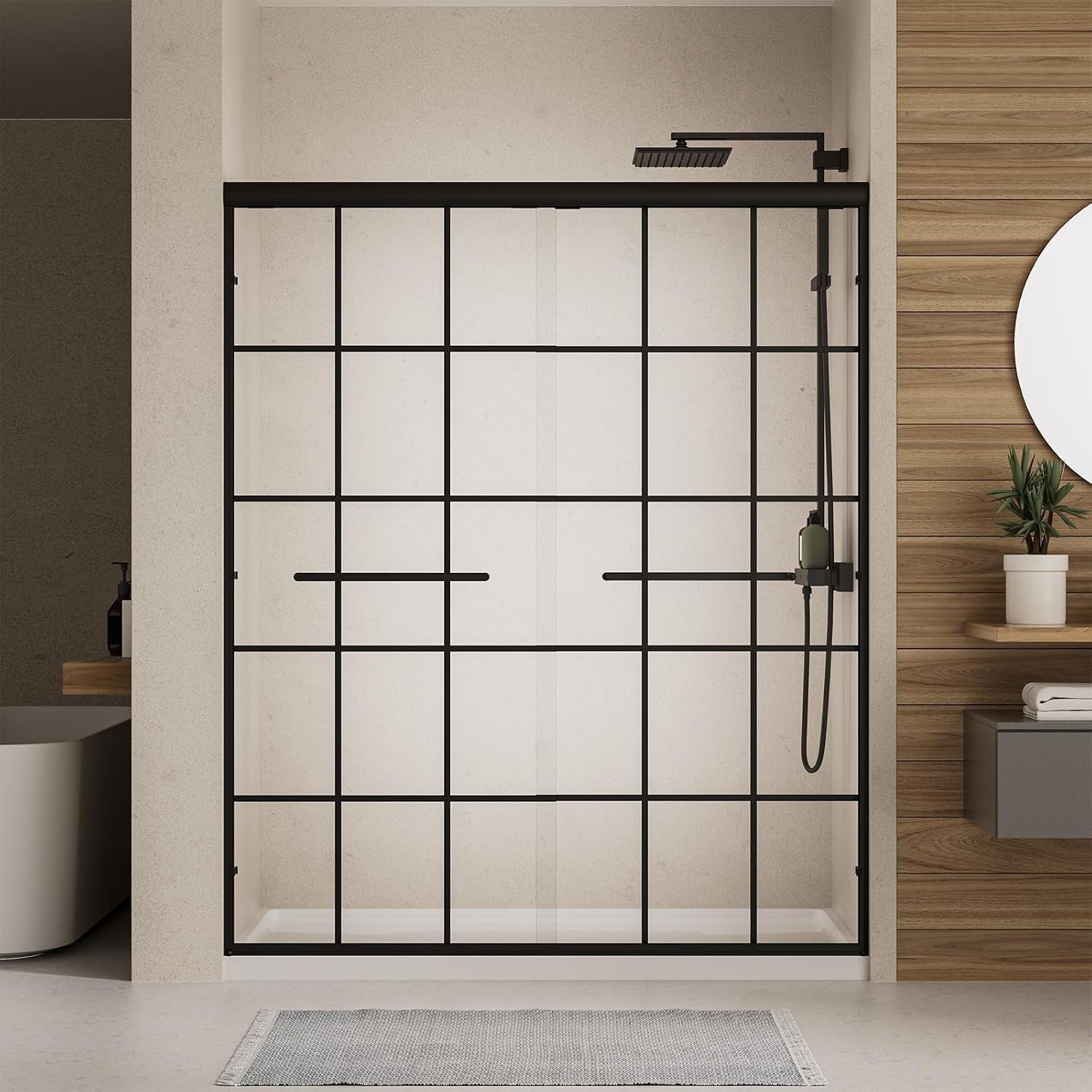 Double Sliding Shower Door,56-60" W X 72" H,Grid Pattern