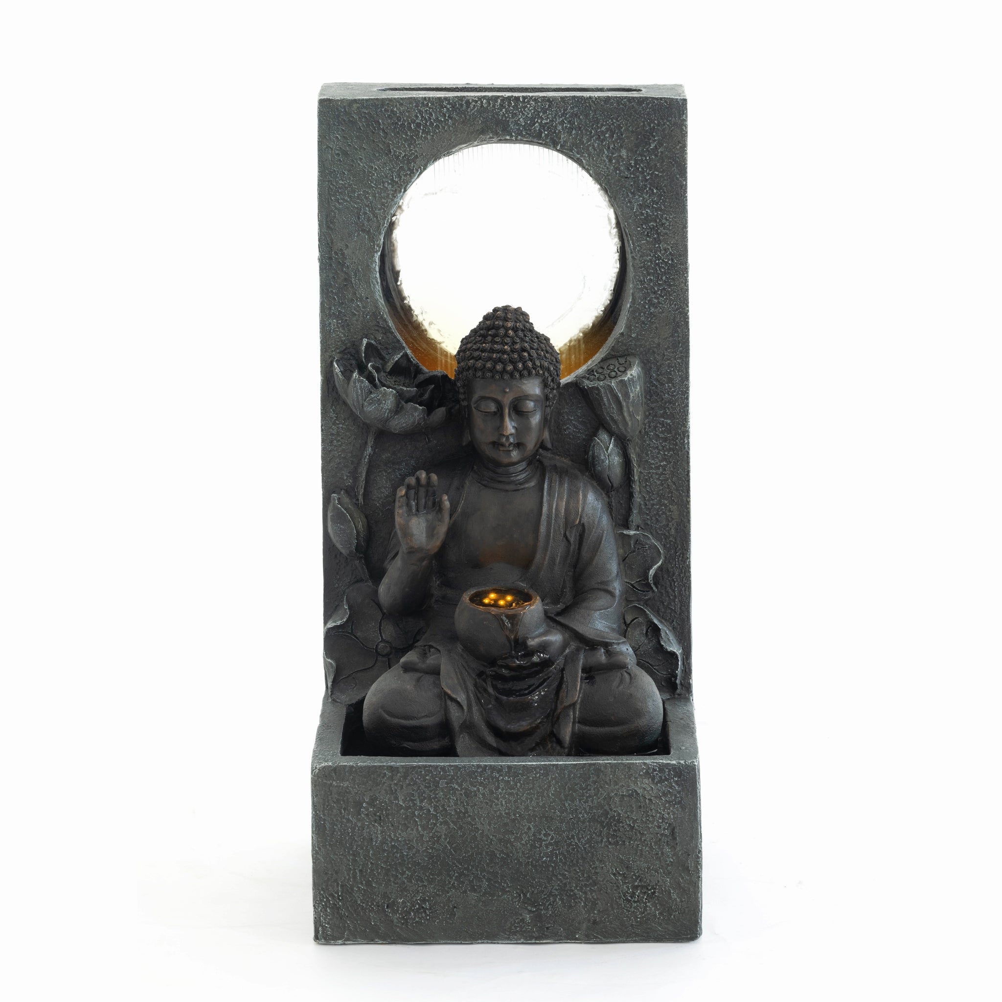 Resin Buddha Wall Panel Outdoor Fountain 28 Inch LED