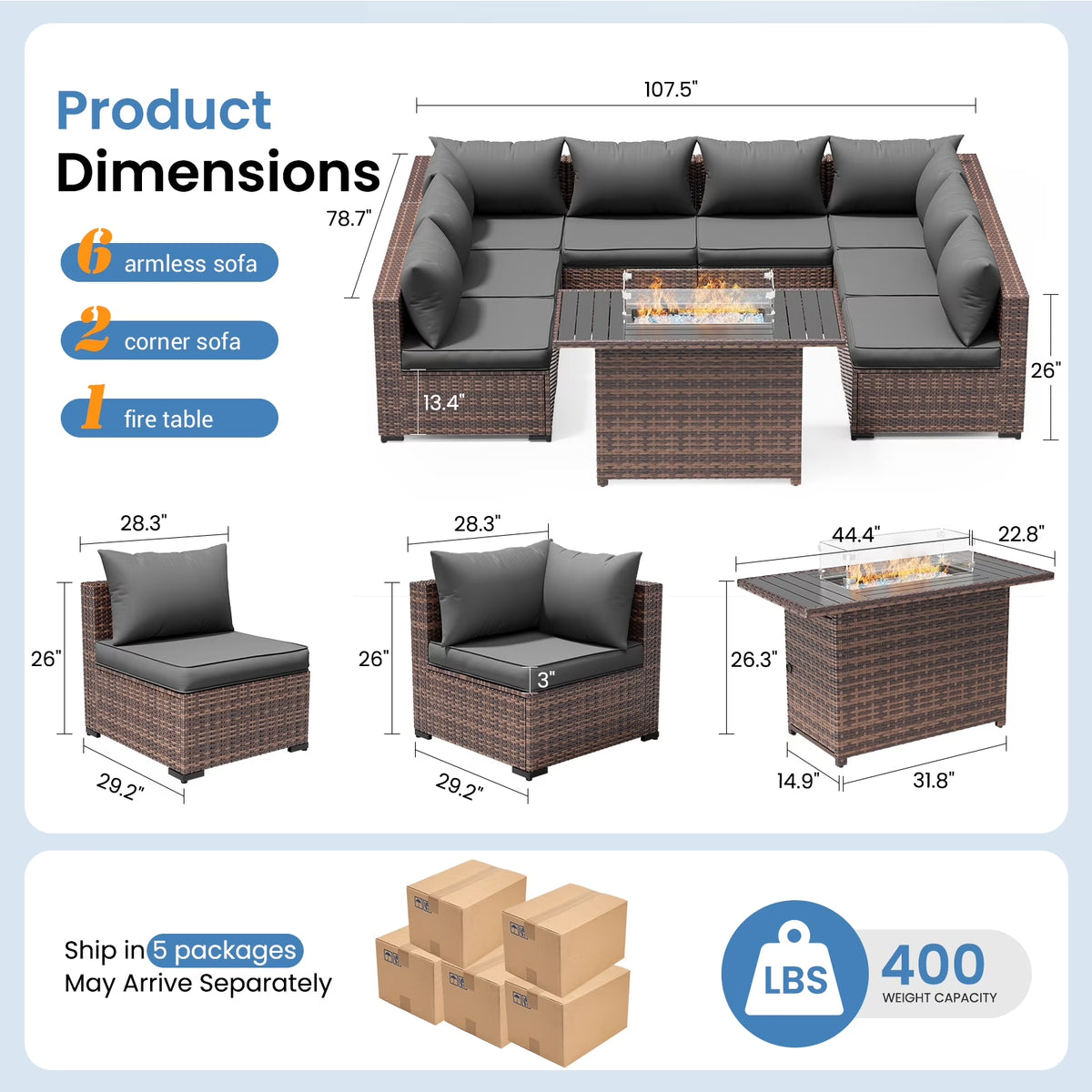 Patio Furniture Set, Outdoor Patio Furniture Wicker Sectional Furniture Couch Set, 9 Pieces Outdoor Sectional Sofa with Fire Pit Table, Outdoor Patio Set for Outdoor Furniture (Grey)