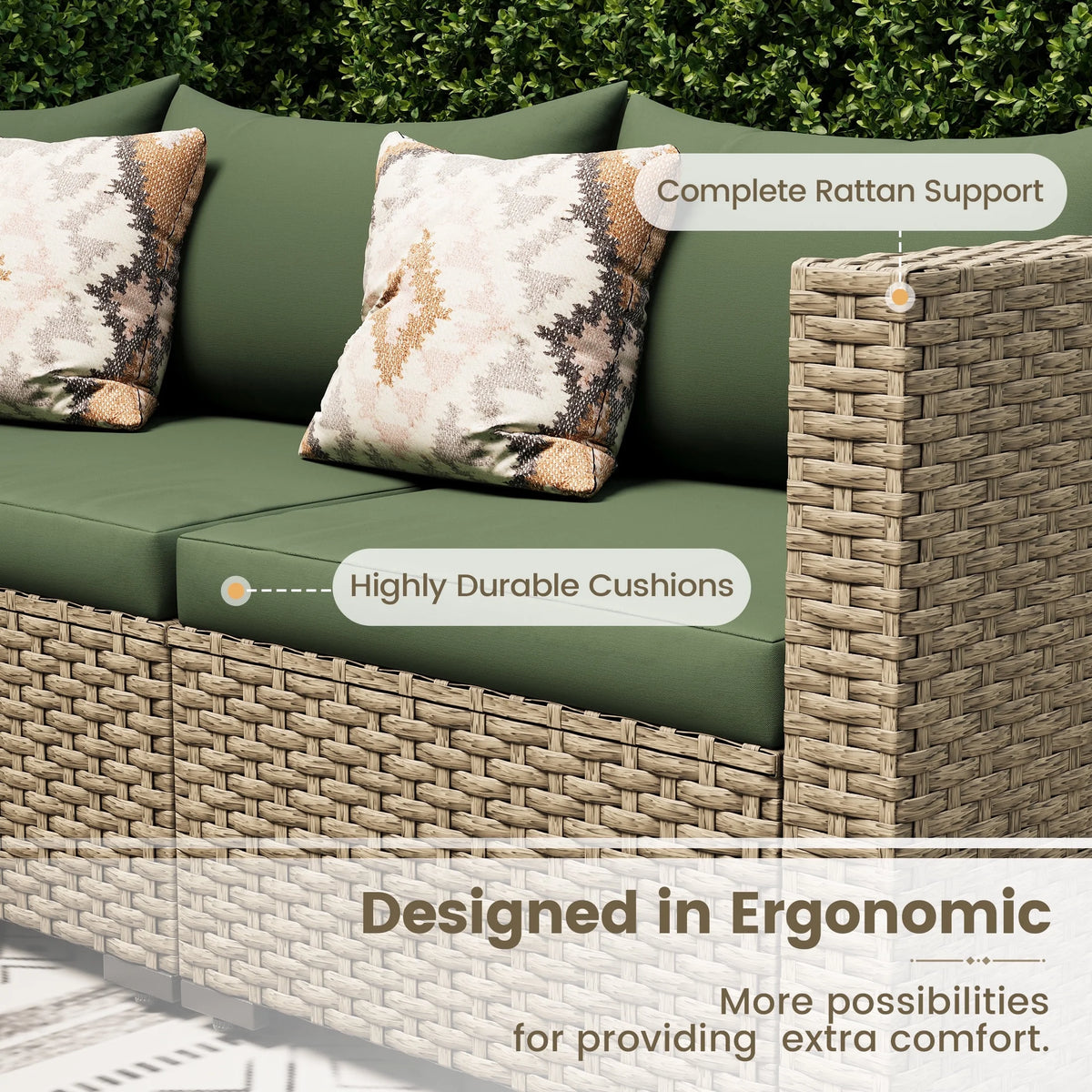 7 Pieces Outdoor Patio Furniture Set, Grey Rattan Wicker Outdoor Conversation Sectional Sofa Set with Cushions for Backyard, Green