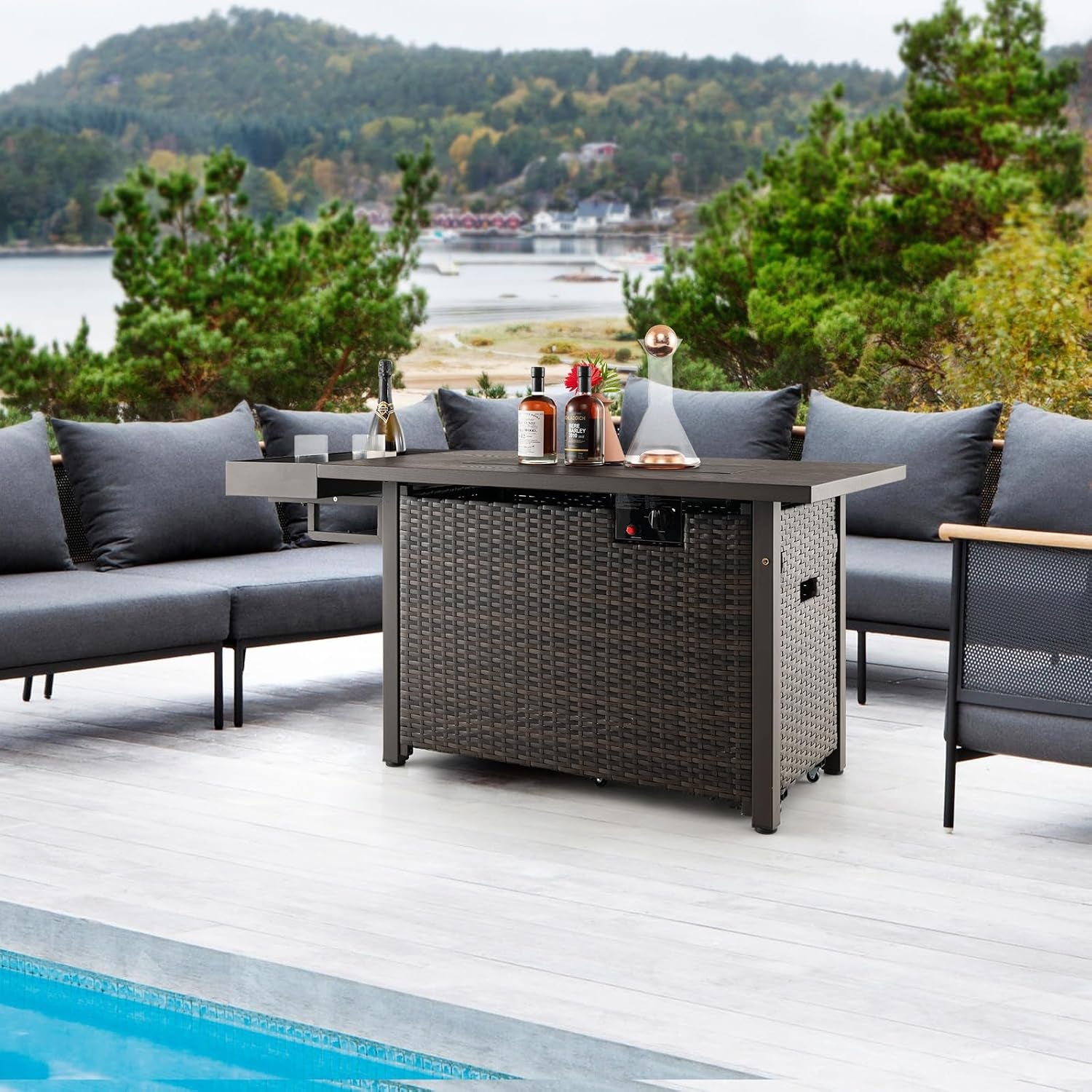Patio Propane Fire Pit Table, 52 Inch Wicker Gas Fire Pit with Wind Guard & Extended Shelf, 50,000 BTU Heat Output, Rectangular Fire Table with Blue Fire Stone & Waterproof Cover (Brown)
