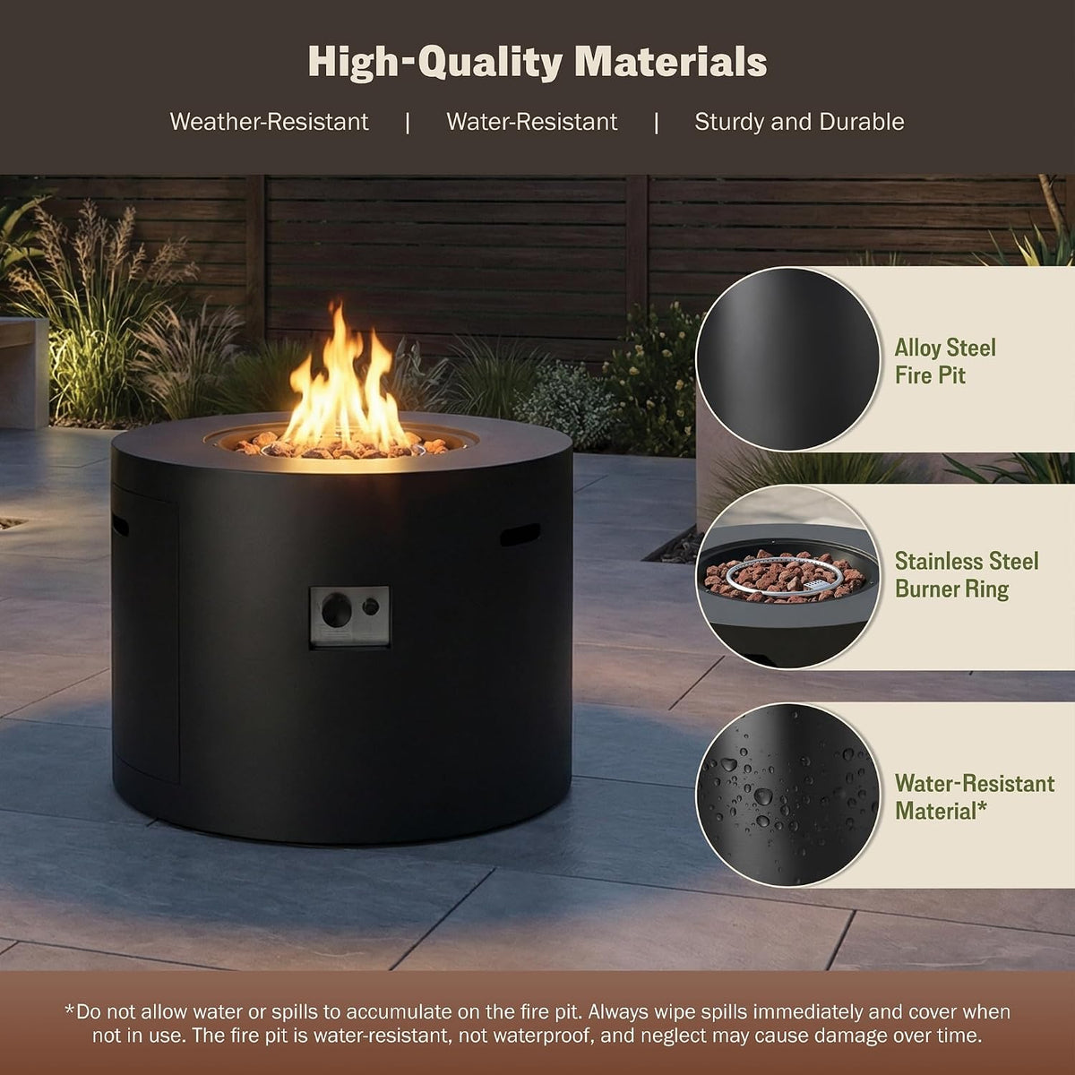 32" Propane Fire Pit Table round Smokeless W/Lid Alloy Steel Outdoor Gas Firepit Table 50,000 Btus Includes Lava Rocks and Weatherproof Cover for Wooden Deck Backyard and Pool (Black)