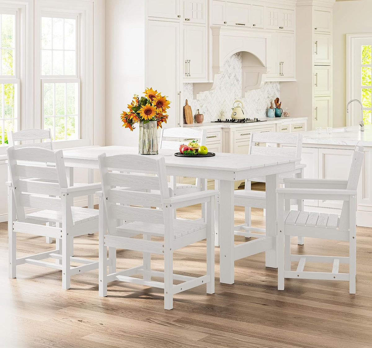 7 Pcs Outdoor Dining Set, 67" HDPE Dining Set for 6, White