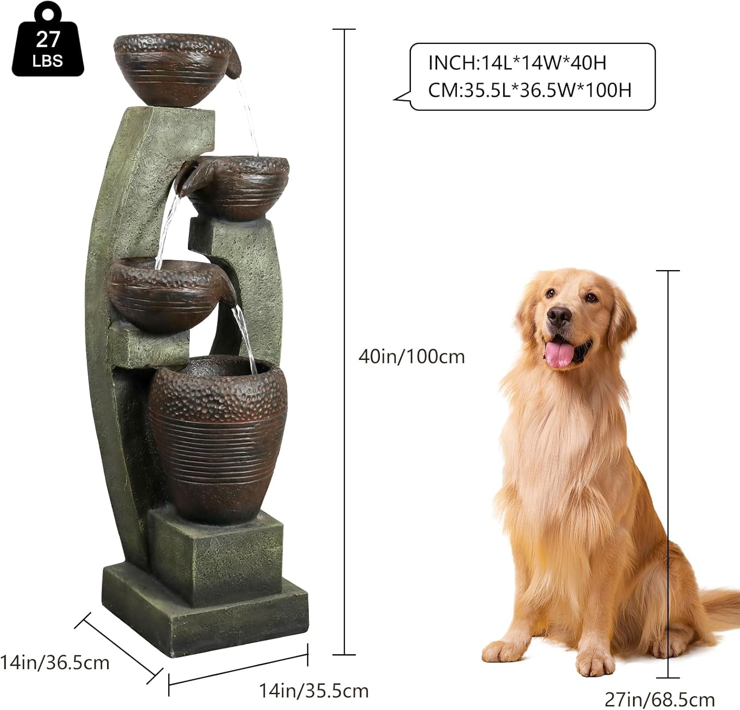 40” H Modern Outdoor Fountain - 4 Crocks Outdoor Garden Fountains with Contemporary Design&Led Light for Garden, Patio, Deck, Porch, Backyard and Home Art Decor (40In, Light Gray)