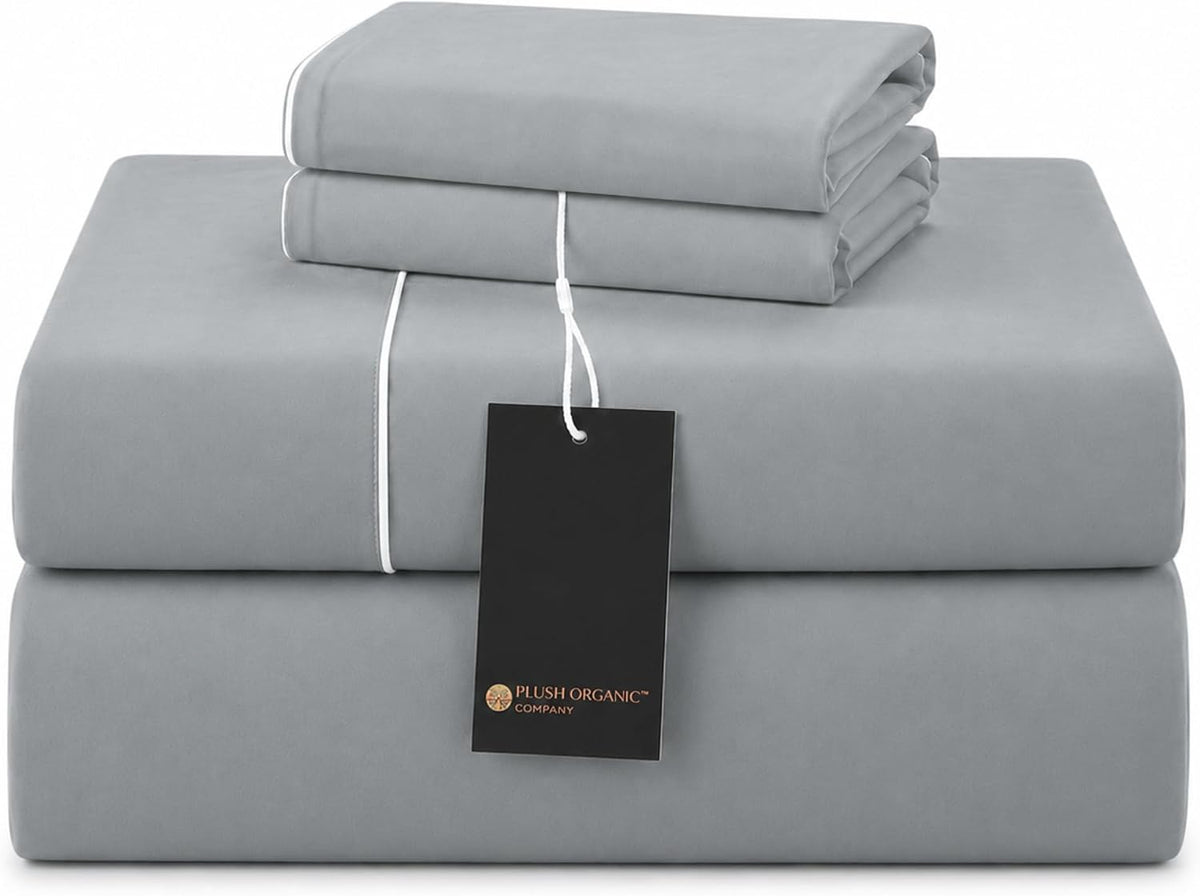 King Luxury 4 Piece Bedsheet Set, Harbor Mist with White Piping, Cooling Resort Bedding, Ultra Soft, Viscose Derived from Bamboo,Organically Grown, 300 Thread Count