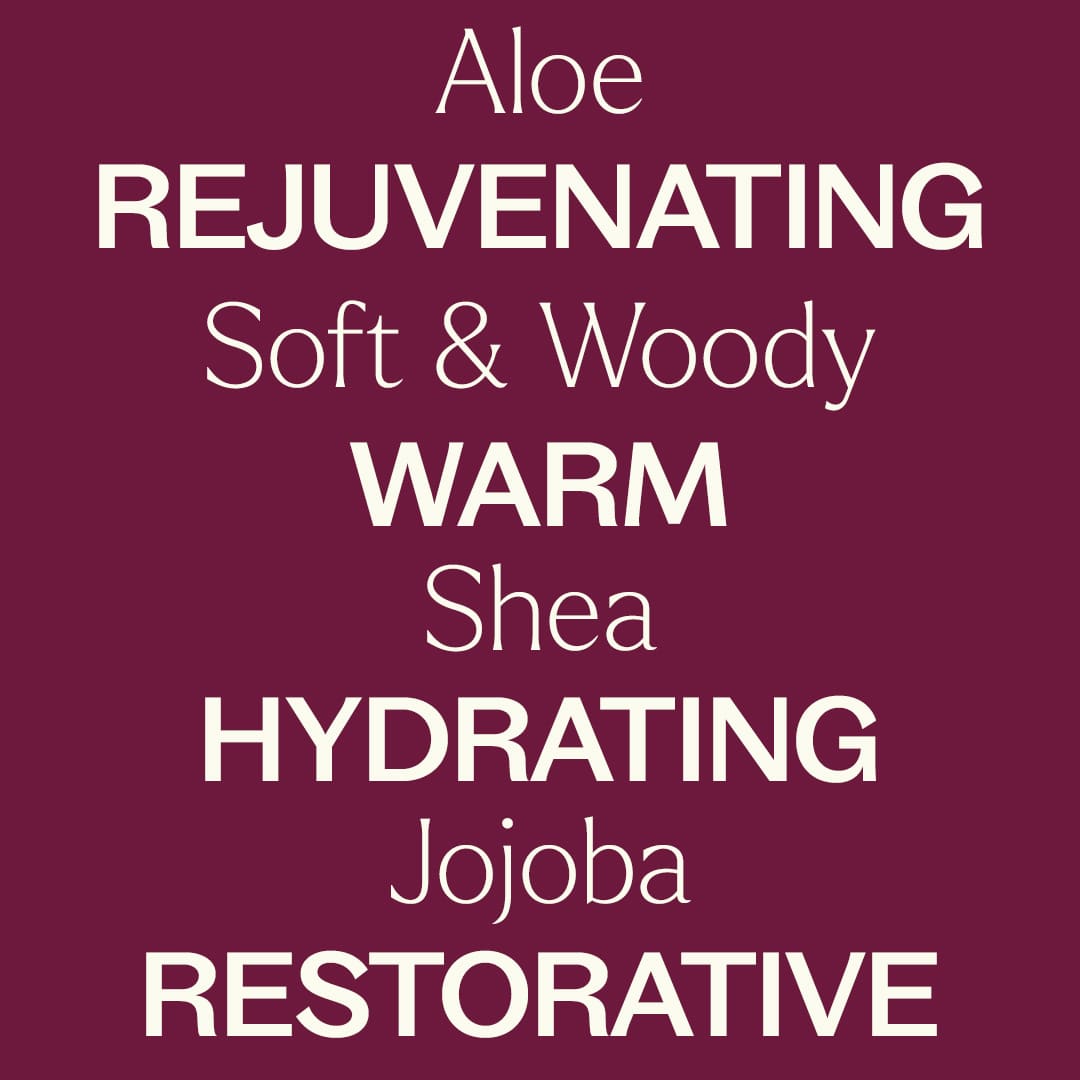 Maroon graphic listing benefits for aloe, shea, and jojoba in white text