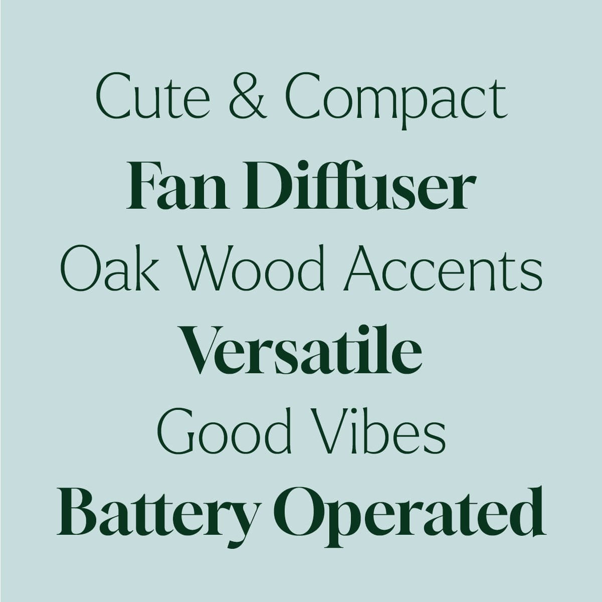 Marketing graphic with dark green serif typography listing features like Cute Compact and Battery Operated on light blue