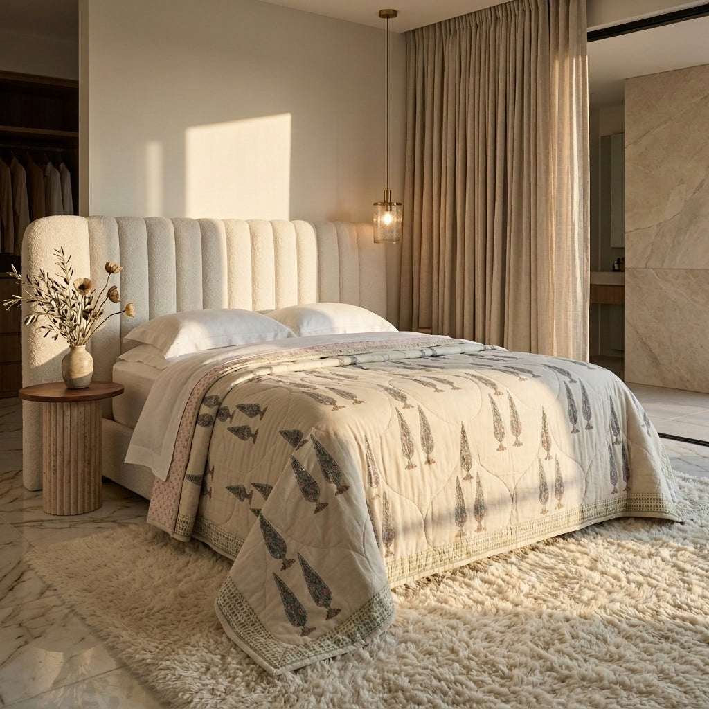 Diagonal rows of dark cypress tree motifs on cream quilt displayed in luxury bedroom setting
