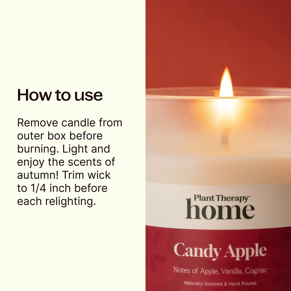 Split screen showing wick trimming instructions and close up of lit candle flame with label