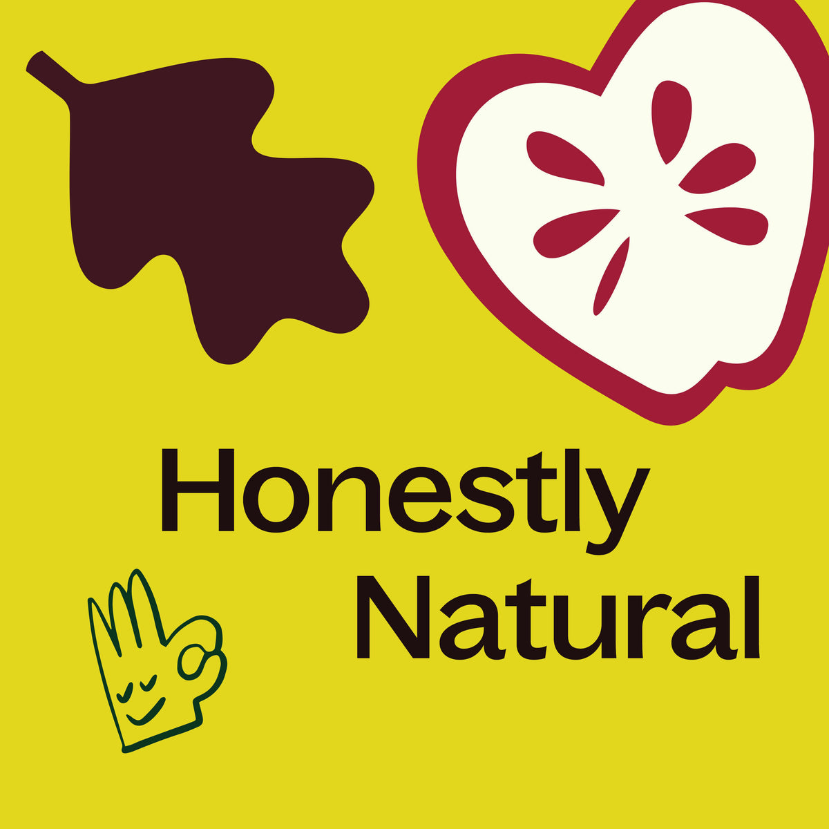Yellow background illustration with brown leaf silhouette red apple slice and smiling hand icon