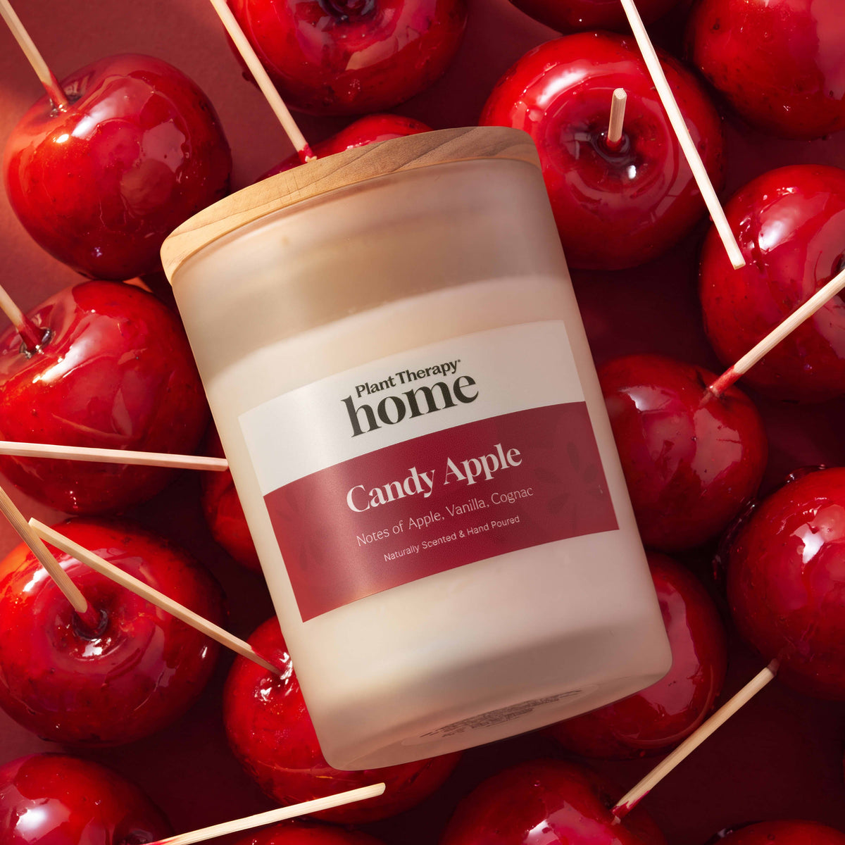 Unlit frosted candle jar resting diagonally on shiny red candy apples on wooden sticks