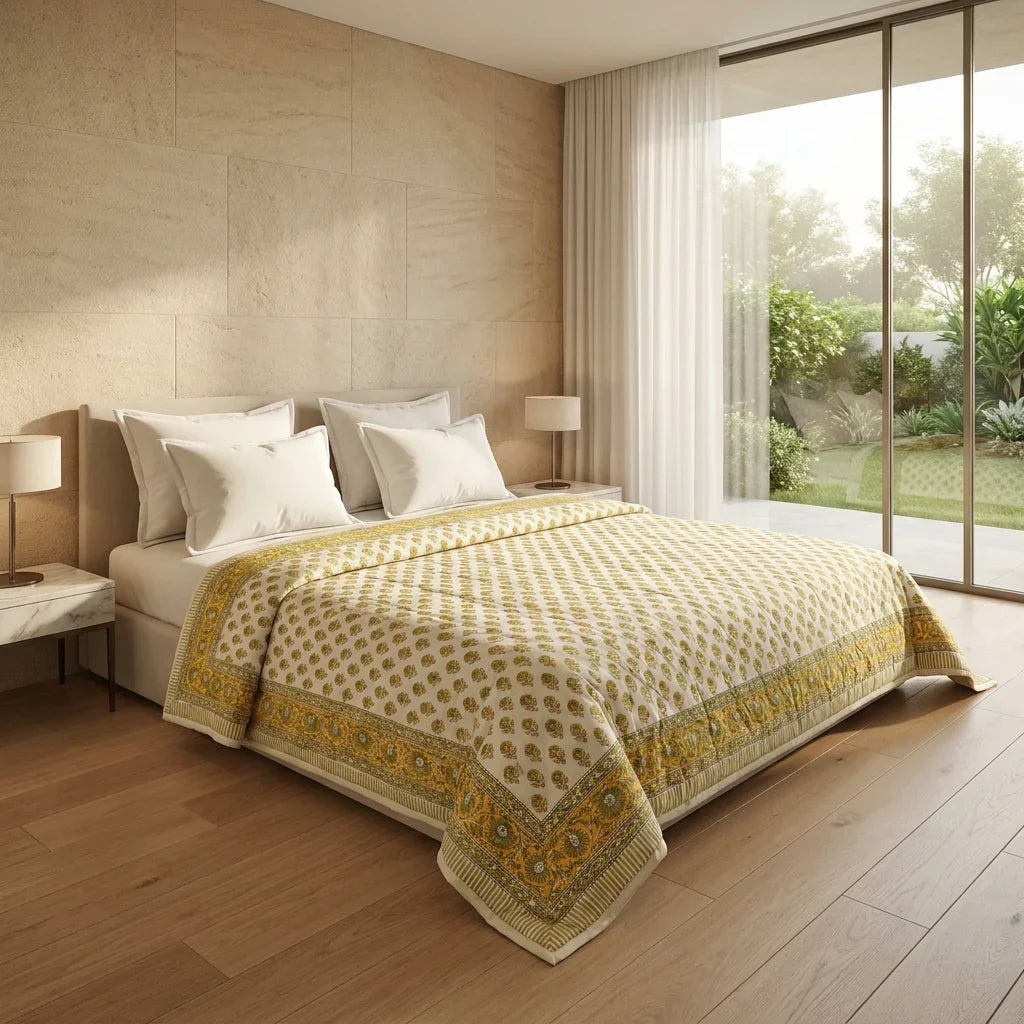 Cream and mustard yellow floral quilted comforter draped on a bed with beige stone walls and white pillows
