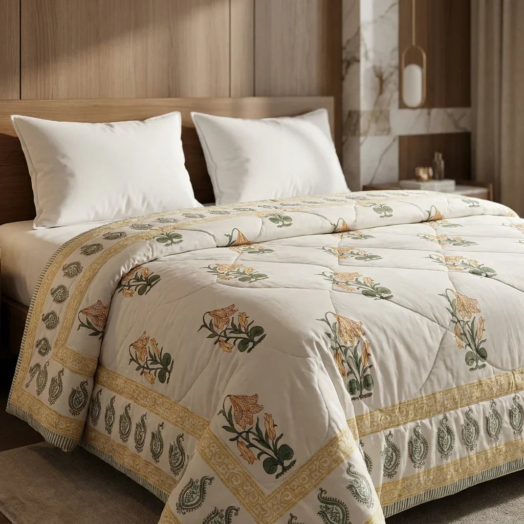 Close-up angled shot of cream muslin cotton comforter texture, highlighting detailed golden lily-like flower prints and