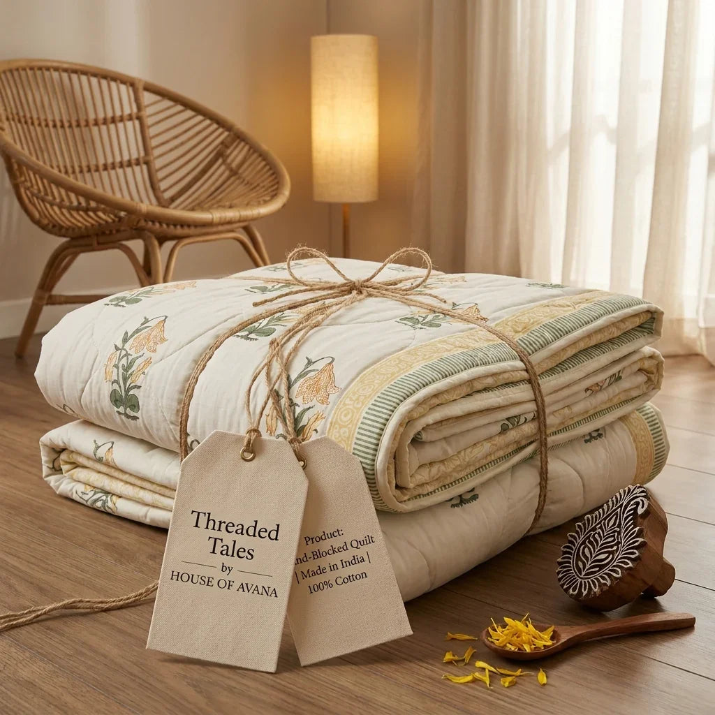Folded cream comforter tied with rustic twine and artisan tag, accompanied by wooden printing tool and dried petals to