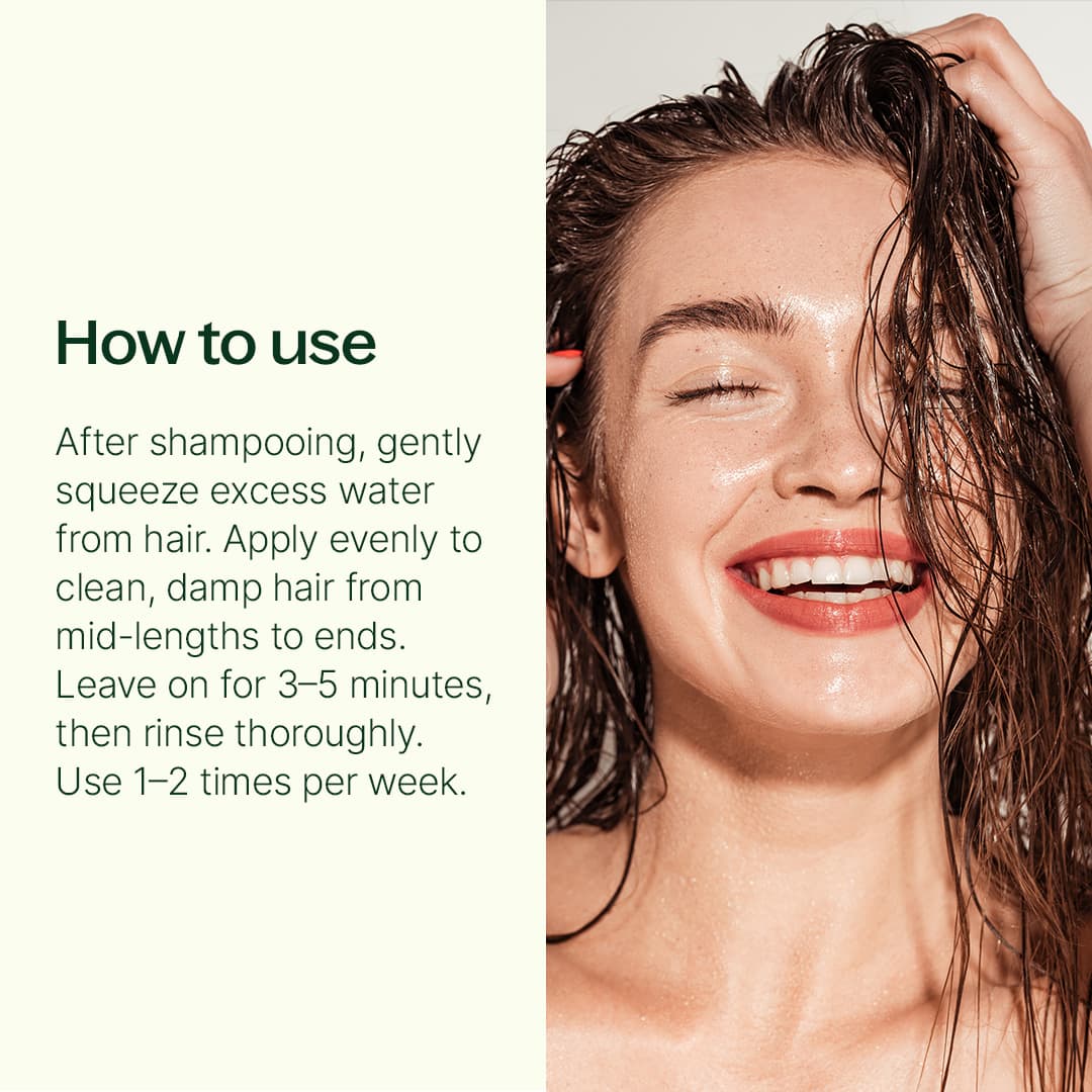 Graphic showing woman applying product to wet hair next to usage instructions text