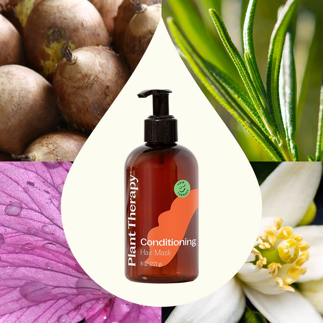 Product bottle inside white droplet shape surrounded by babassu nuts, rosemary, geranium, and neroli photos