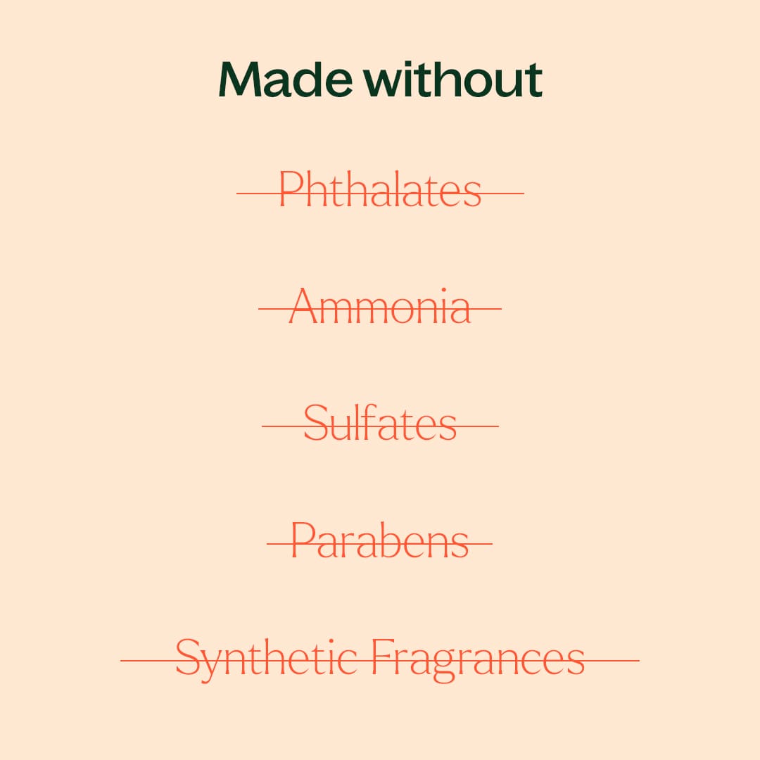 Light peach graphic listing excluded ingredients like sulfates and parabens with red cross marks