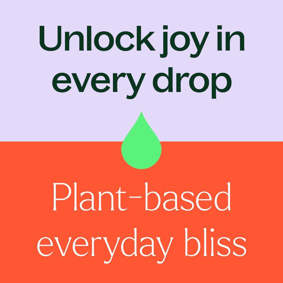 Split graphic with lavender top and orange bottom sections separated by a green droplet icon