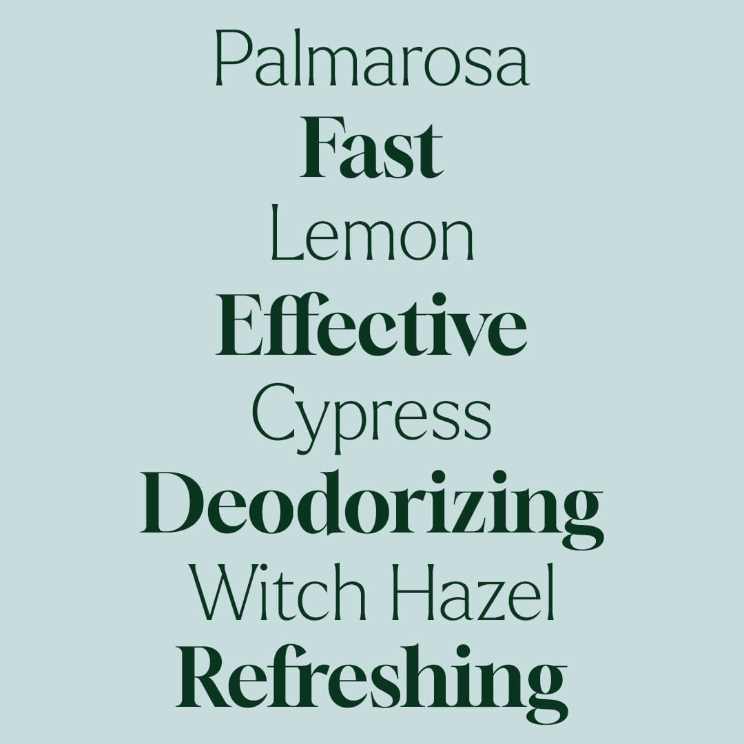 Light blue graphic listing ingredients like Palmarosa Lemon and Cypress in green font