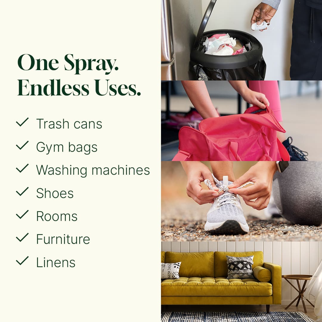 Graphic listing uses for deodorizing spray including trash cans gym bags and shoes