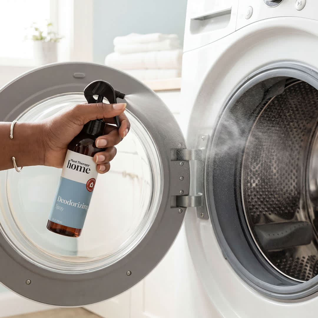 Hand applying mist inside open front-loading washing machine drum