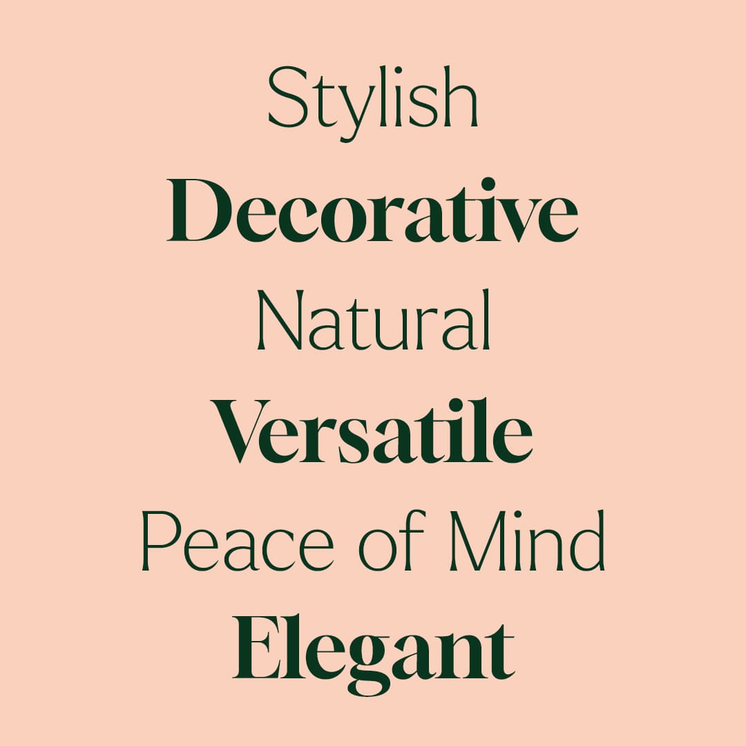 Text graphic listing product attributes like Stylish and Natural in green font