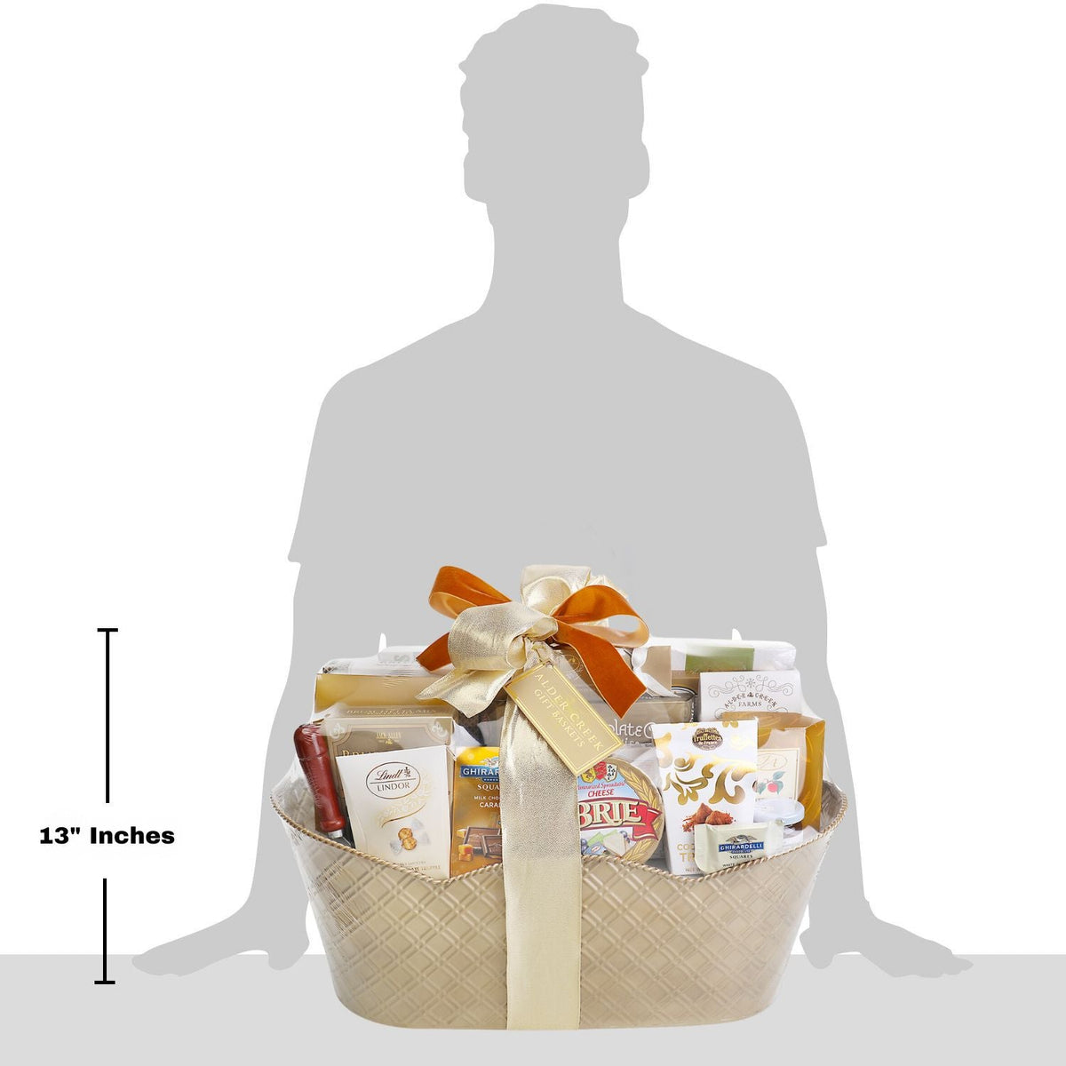 Gift basket size comparison graphic showing 13-inch height next to human silhouette