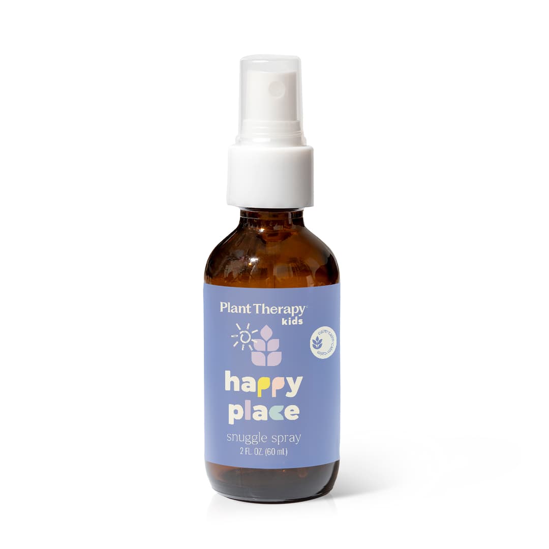 Amber glass spray bottle with white pump and periwinkle label featuring sun and flower icons