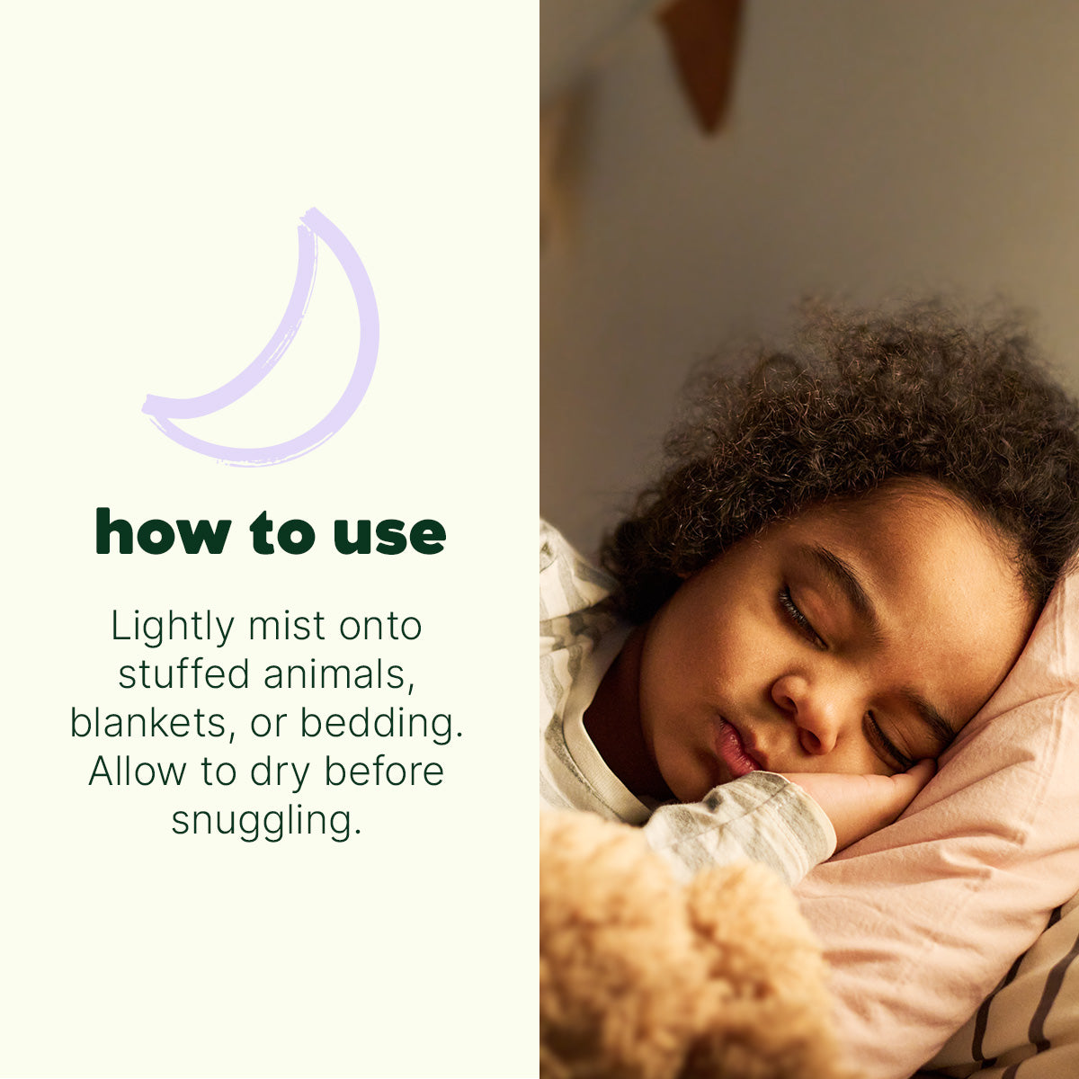 Sleeping child hugging teddy bear next to usage instructions for misting bedding