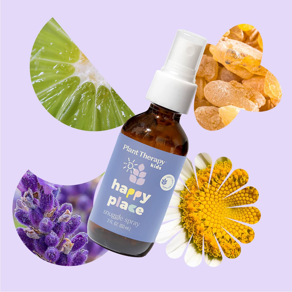 Amber bottle surrounded by cutouts of lavender, chamomile, bergamot, and frankincense resin