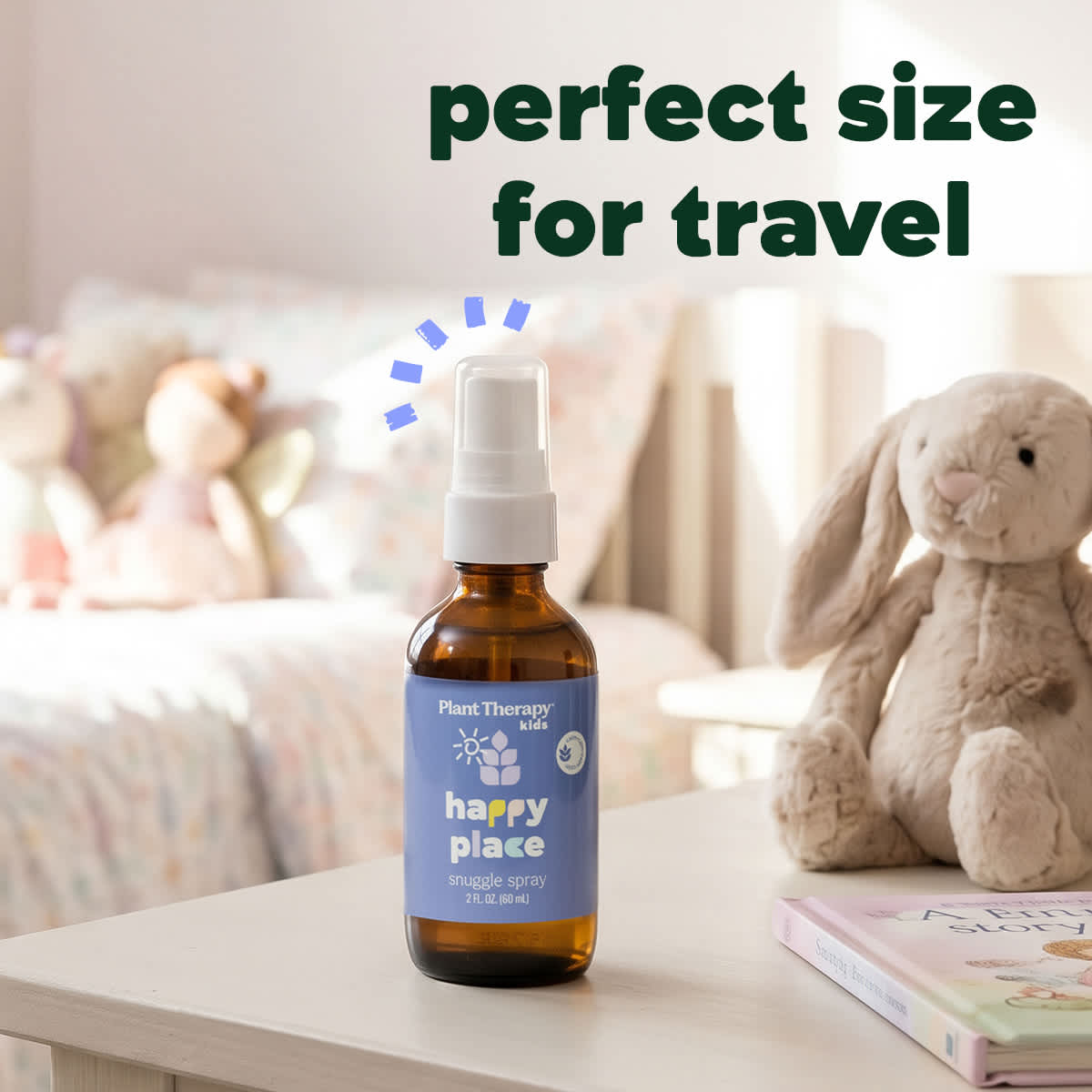 Spray bottle on nightstand next to plush bunny toy with text overlay about travel size