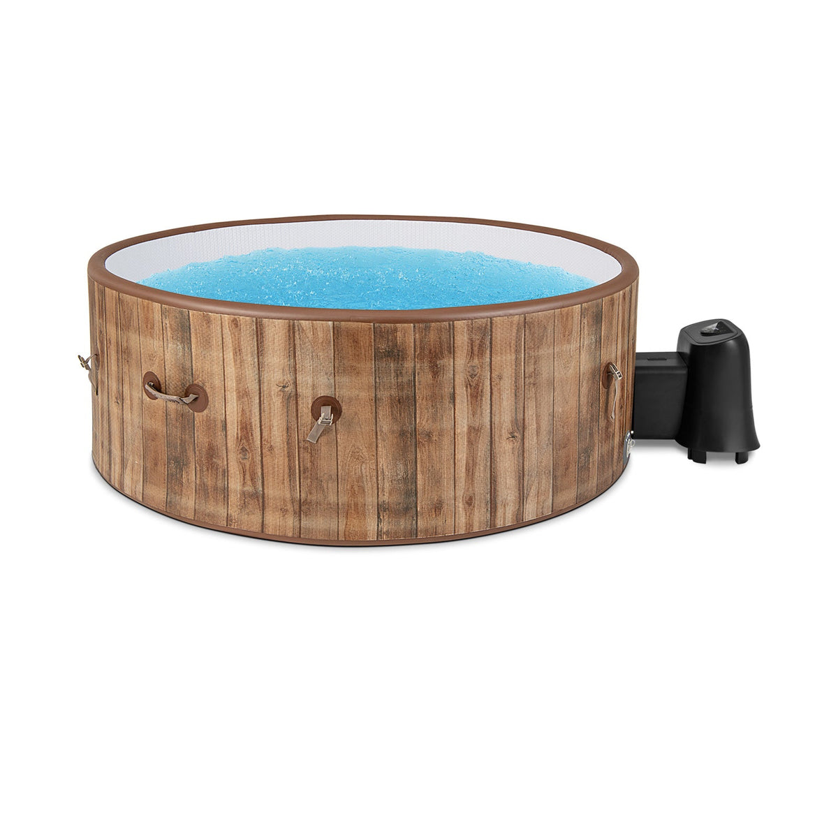 Round blue water-filled inflatable hot tub with vertical wood-grain pattern, brown rim, rope handles, and attached black