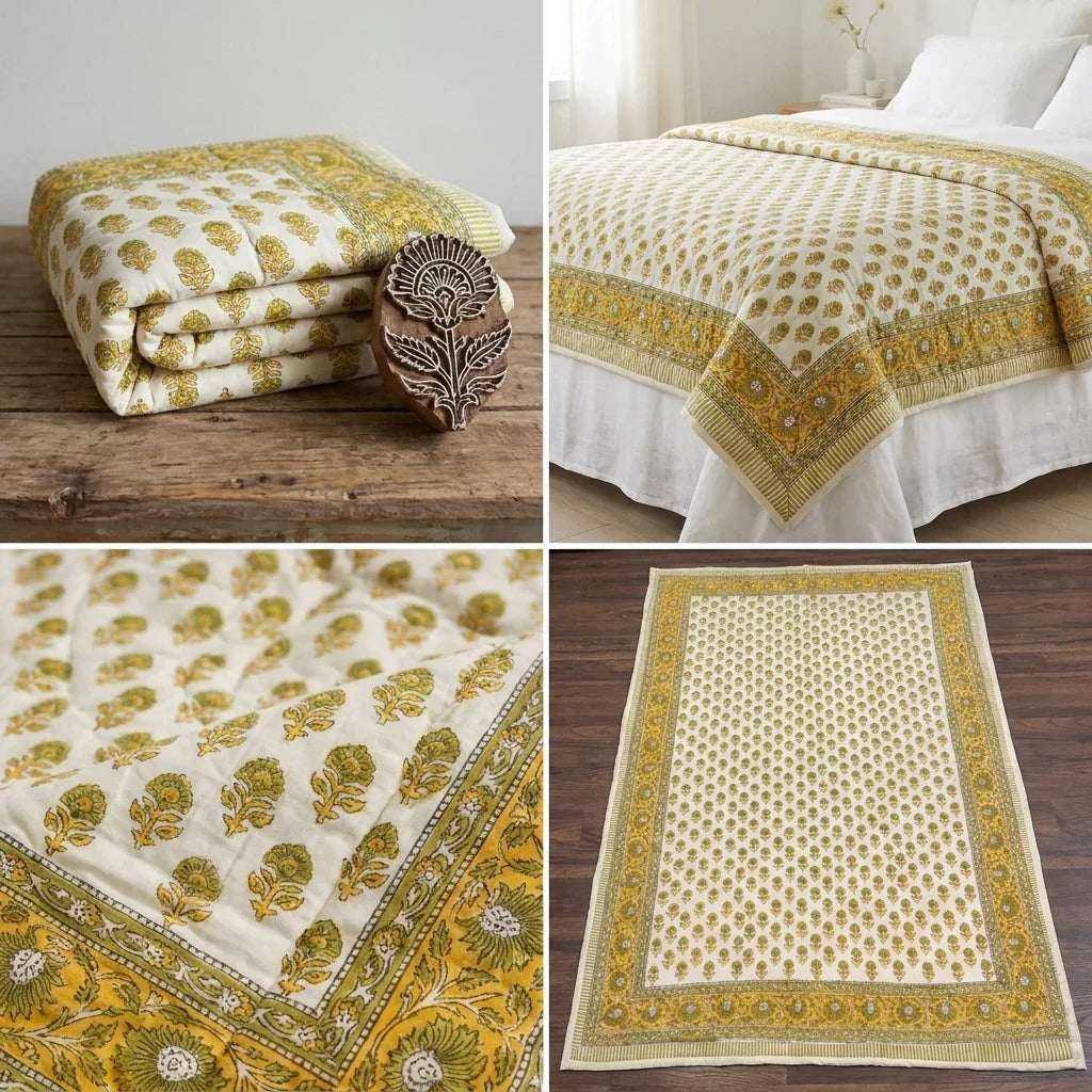 Collage showing folded comforter, carved wooden printing block, corner drape, and flat-lay texture