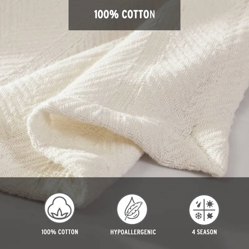 Folded cream cotton blanket graphic displaying icons for hypoallergenic and four-season use