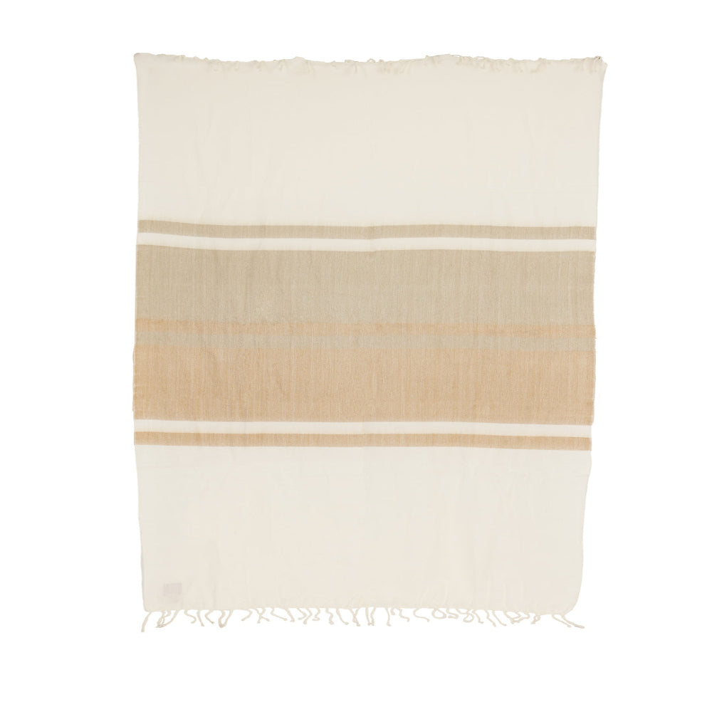 Rectangular handwoven alpaca blanket with cream tan stripes and short fringes on white background