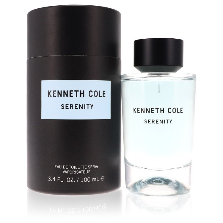 Kenneth Cole Serenity Eau De Toilette spray bottle and black tube on white background