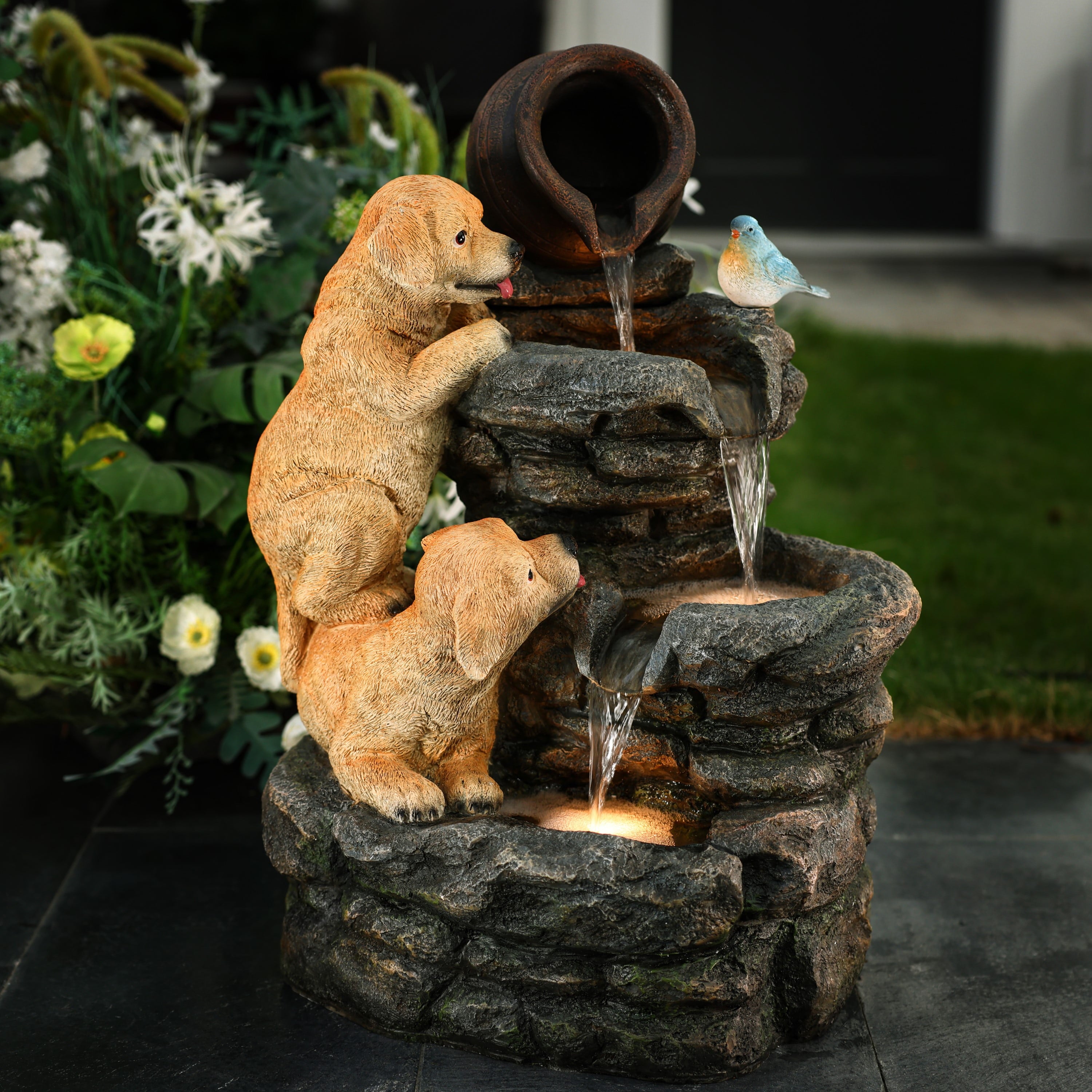 Outdoor Water Fountain, 26" Puppy and Rock Resin Water Fountains Indoor with LED Lights