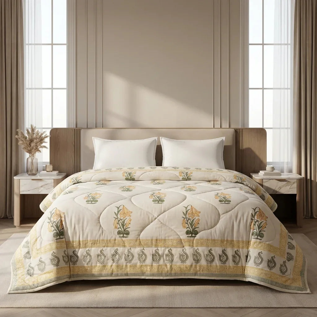 Front view of cream hand block print comforter on a double bed, showing diamond stitching, scattered flowers, and traditional