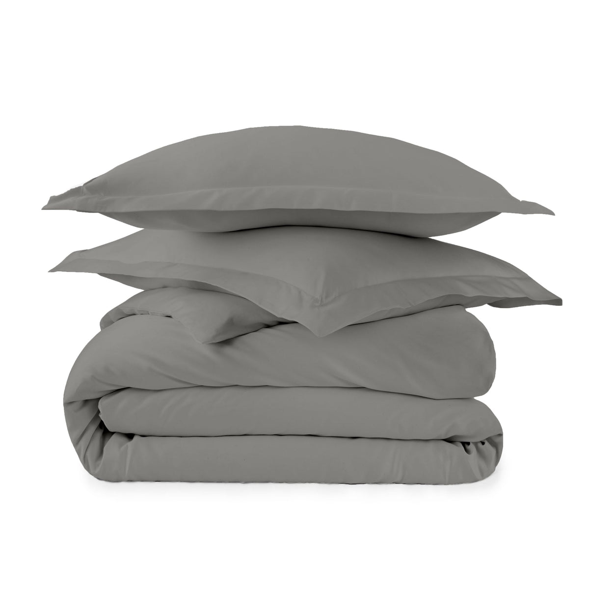 Medium grey hypoallergenic organic cotton bedding set with refined flange accents stacked neatly