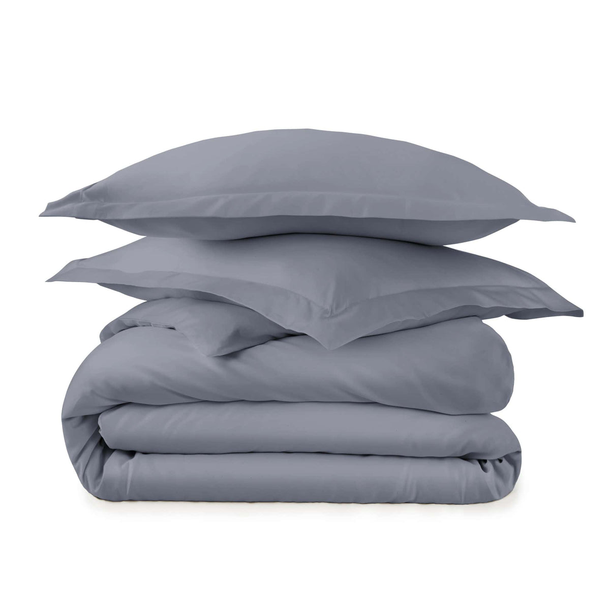 Grey organic cotton duvet cover set with two shams on white background showing smooth sateen texture