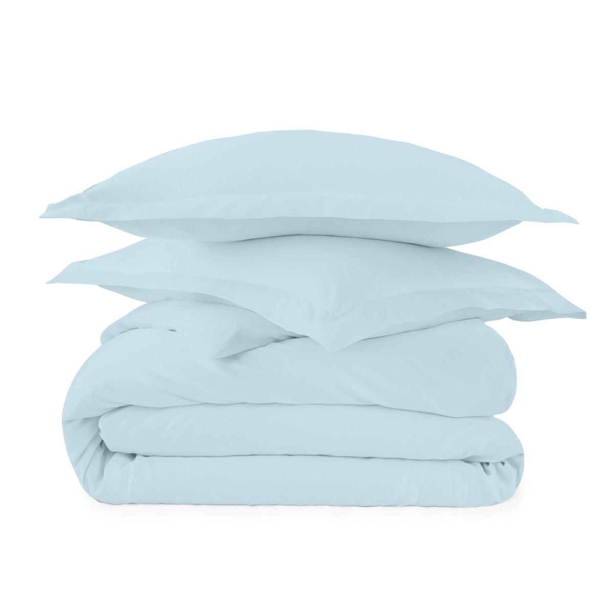 Folded light blue organic cotton duvet cover set with matching shams and decorative flange