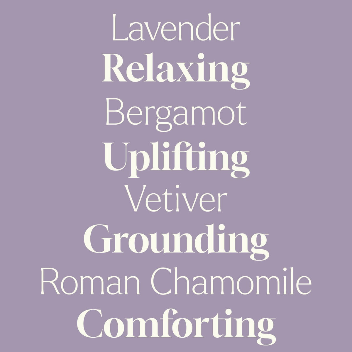 Purple graphic listing scent notes like Lavender Relaxing in white font