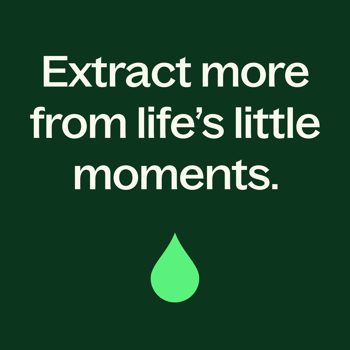 Dark green graphic with white text above light green droplet icon