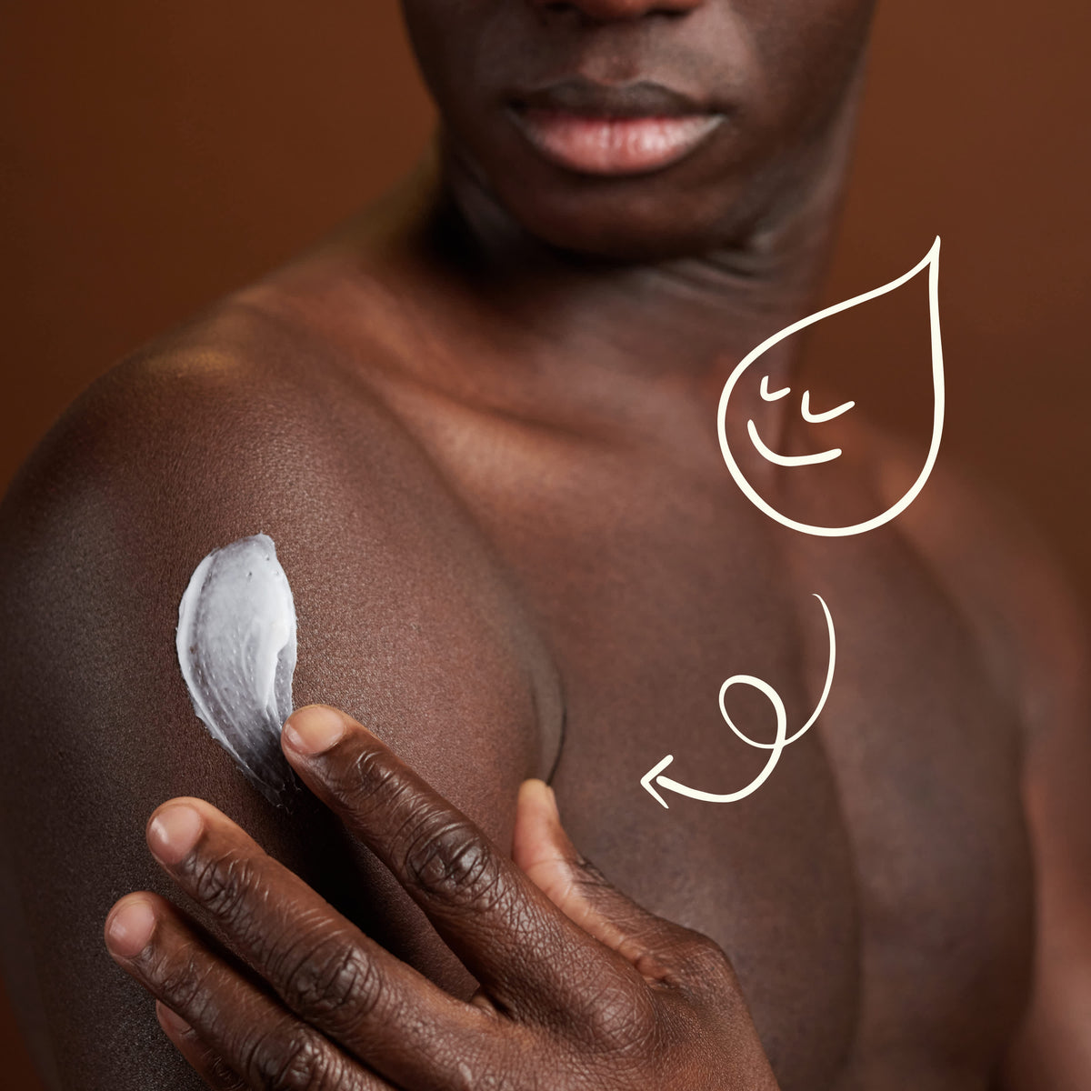 Person applying white lotion to shoulder with smiling droplet line drawing overlay