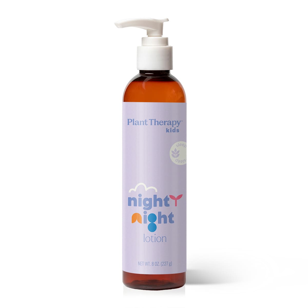 Brown amber pump bottle with white dispenser and lavender label on white background