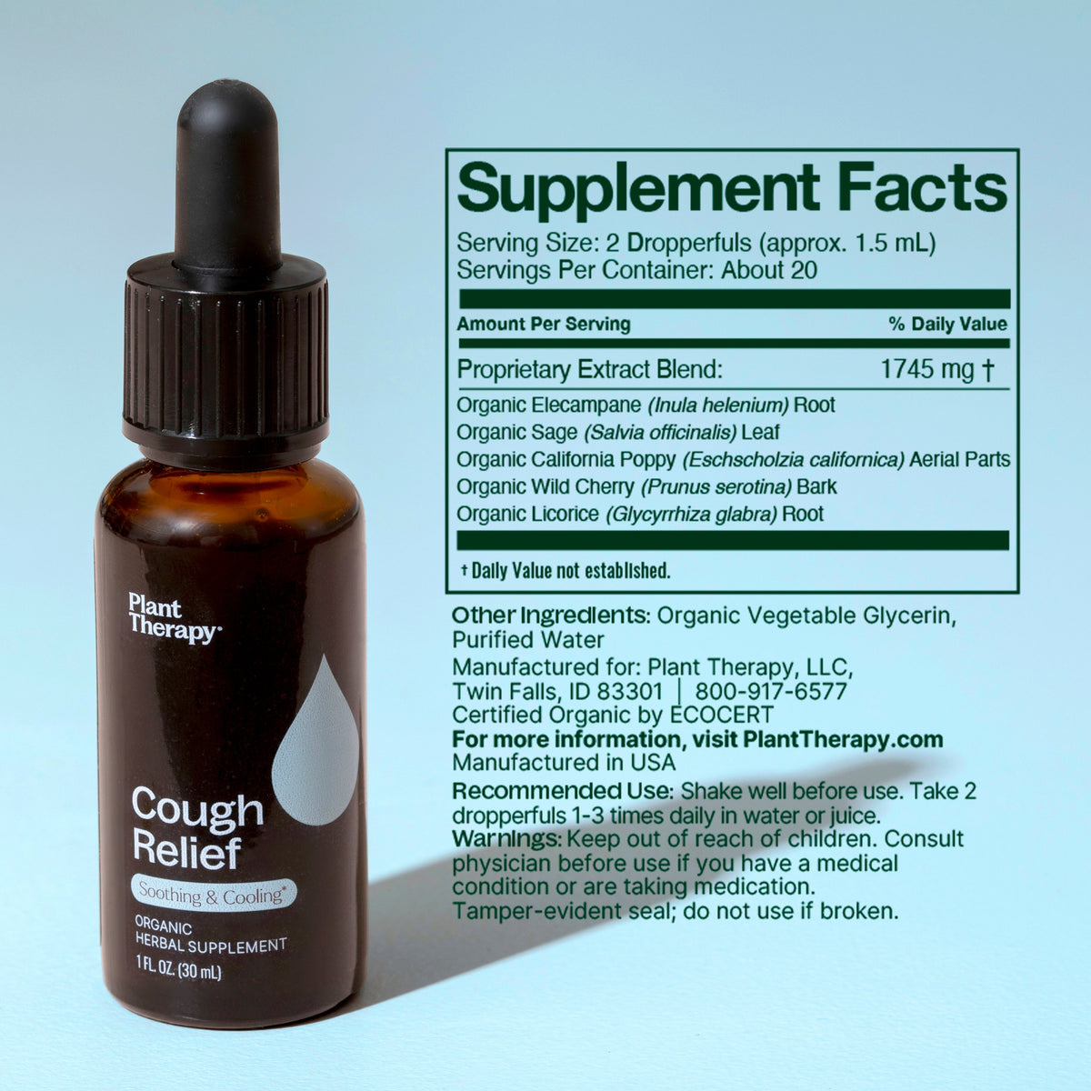 Amber bottle on left beside an enlarged digital overlay of the Supplement Facts panel detailing herbal ingredients