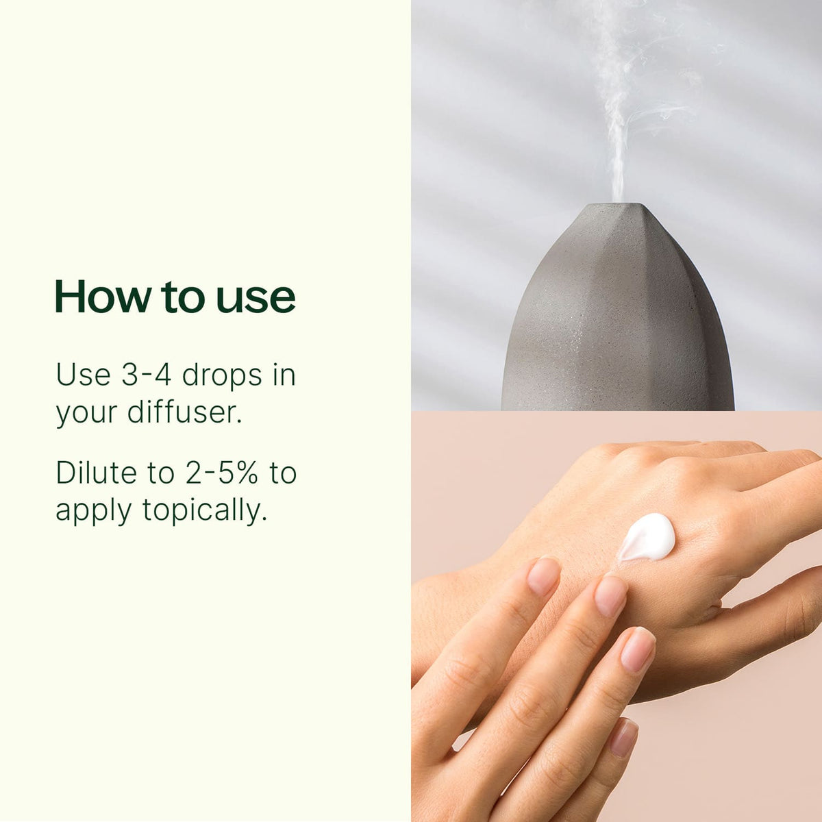 Instructional graphic showing diffuser mist and topical application alongside usage instructions