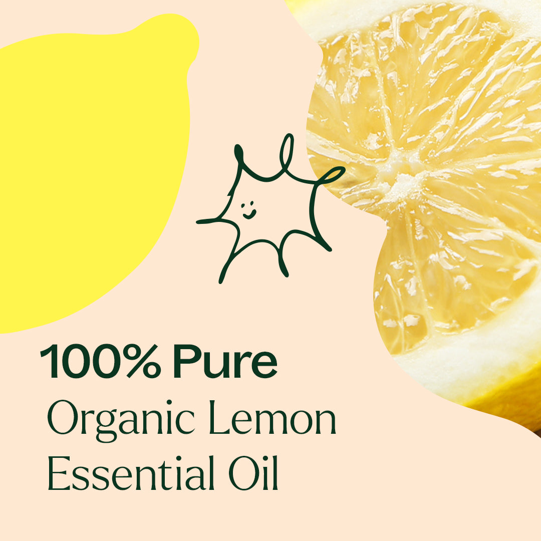 Graphic design with lemon silhouette, sliced lemon photo, smiling star character, and pure organic text