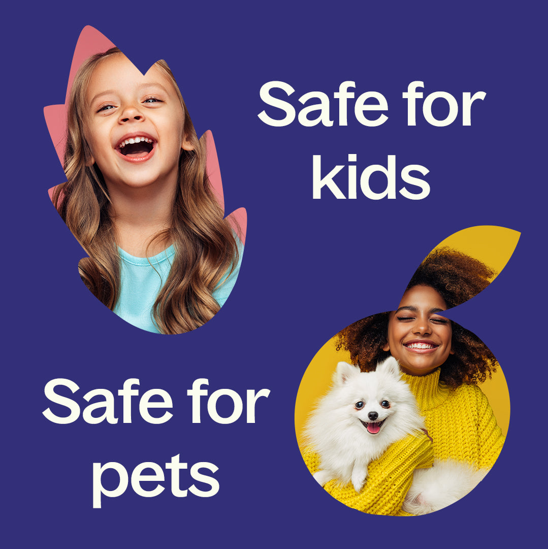 Promotional graphic showing laughing girl and woman with dog on blue background indicating safe for kids and pets